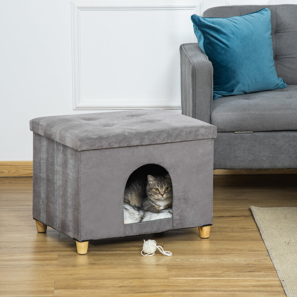 2-in-1 Cat Cave Footstool with Cushion Wooden Legs Cat House Cat Basket Soft Padded Ottoman Elegant Design (2)