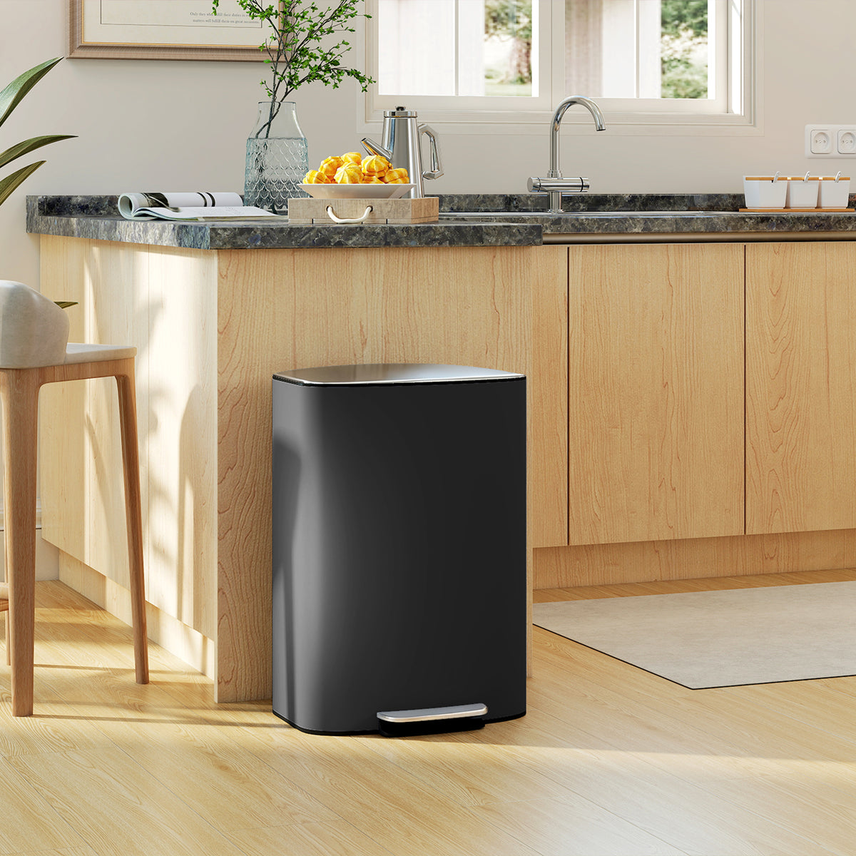Kitchen Trash Can 50 Liter Step Bin with Stay-Open Function, Soft-Close Lid, Pedal, Black (2)