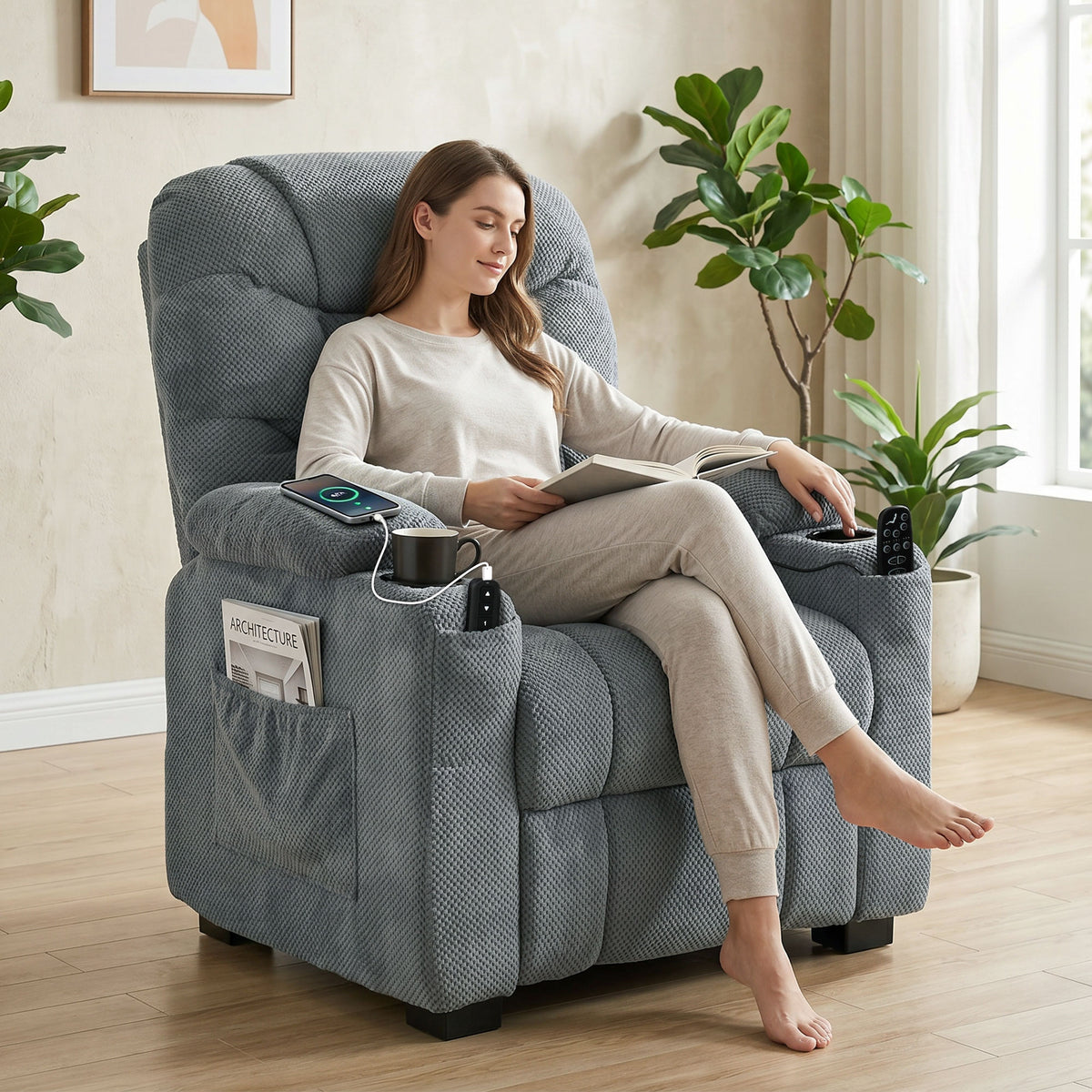 Electric recliner with massage & heat, quiet motor and memory function, dark gray (2)