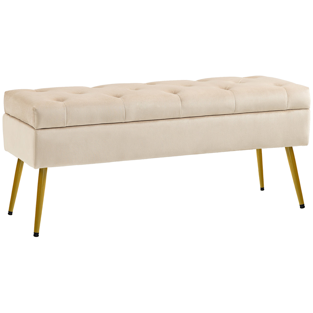 Storage bench in velvet look, upholstered ottoman with tufted design, metal frame, 102 x 35 x 43 cm, beige
