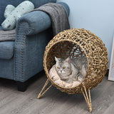Rattan cat house with cushion, cat bed, cat cave with raised feet, natural, Ø52 x 58 cm (8)