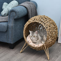 Rattan cat house with cushion, cat bed, cat cave with raised feet, natural, Ø52 x 58 cm (8)