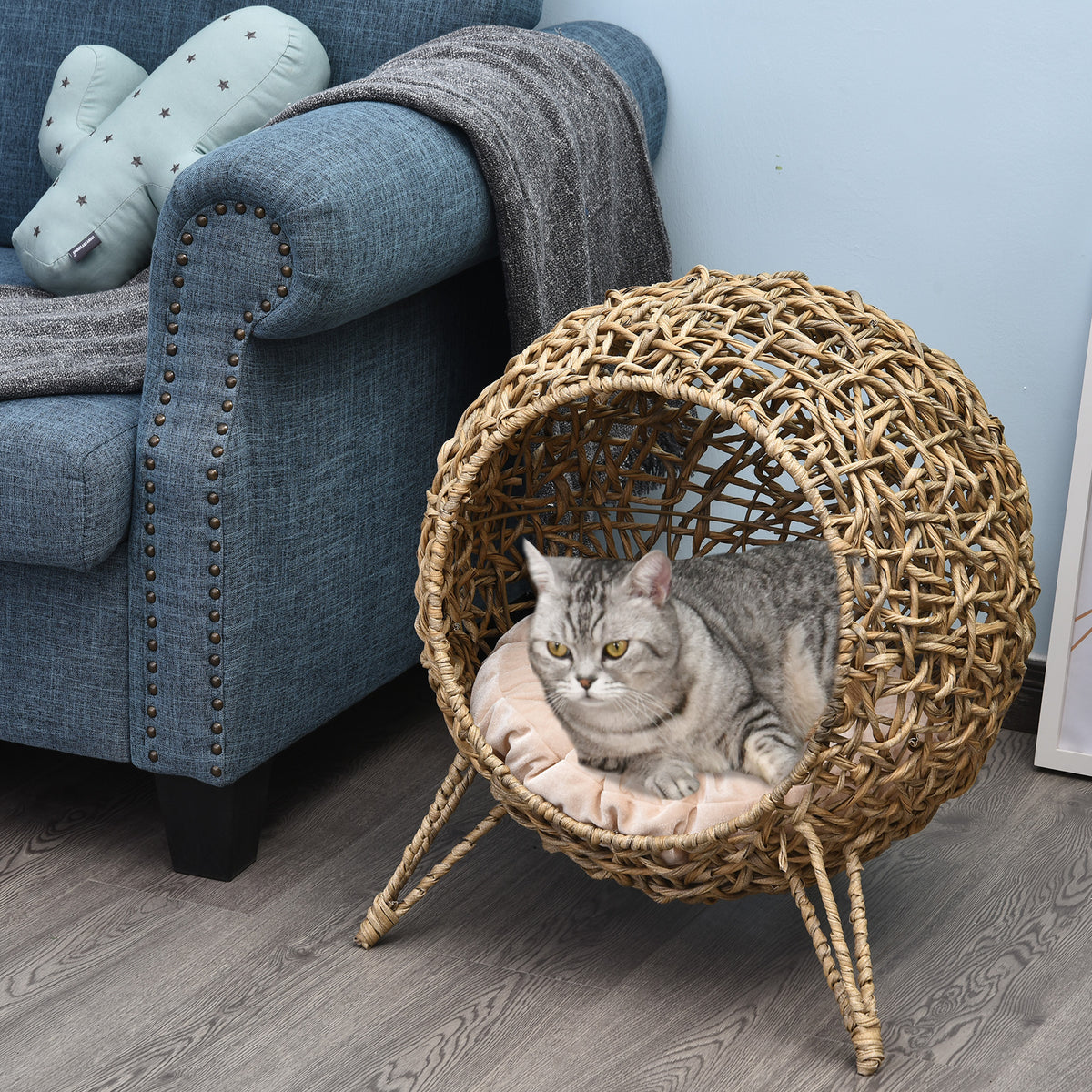 Rattan cat house with cushion, cat bed, cat cave with raised feet, natural, Ø52 x 58 cm (8)