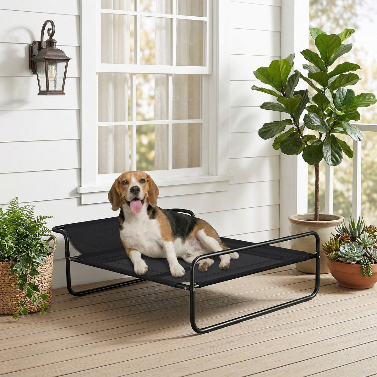 Dog bed, elevated design, mesh cover, steel frame, 29 x 91 x 69 cm, black (2)