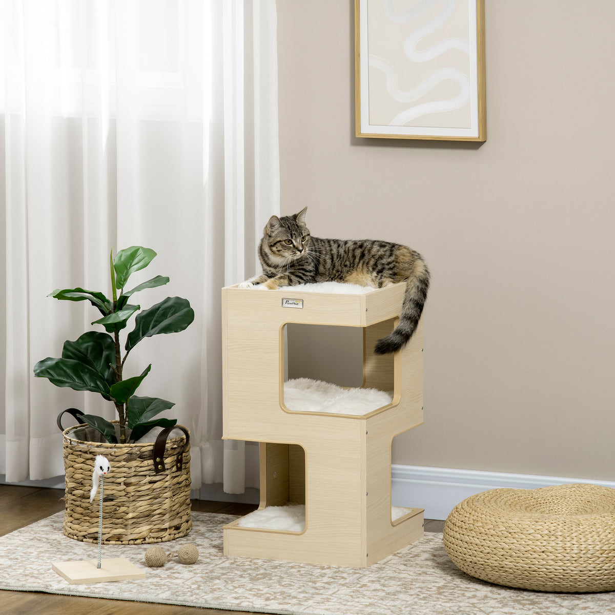 Cat barrel, cat cave, 2 levels, incl. toy, 34 cm x 34 cm x 60 cm, natural + light grey (2)
