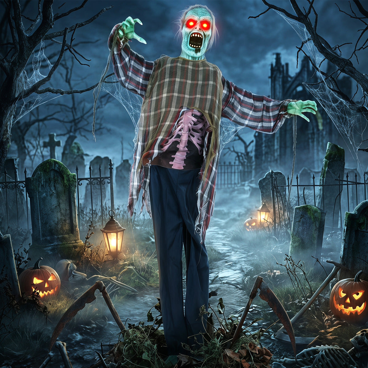 Life-size animated Halloween zombie, 170 cm, with sound and touch activation, spooky decoration (2)