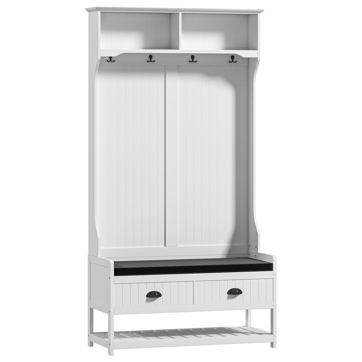 Coat rack with hooks, coat stand with shoe bench, for entryway, hallway, metal, MDF, white+gray