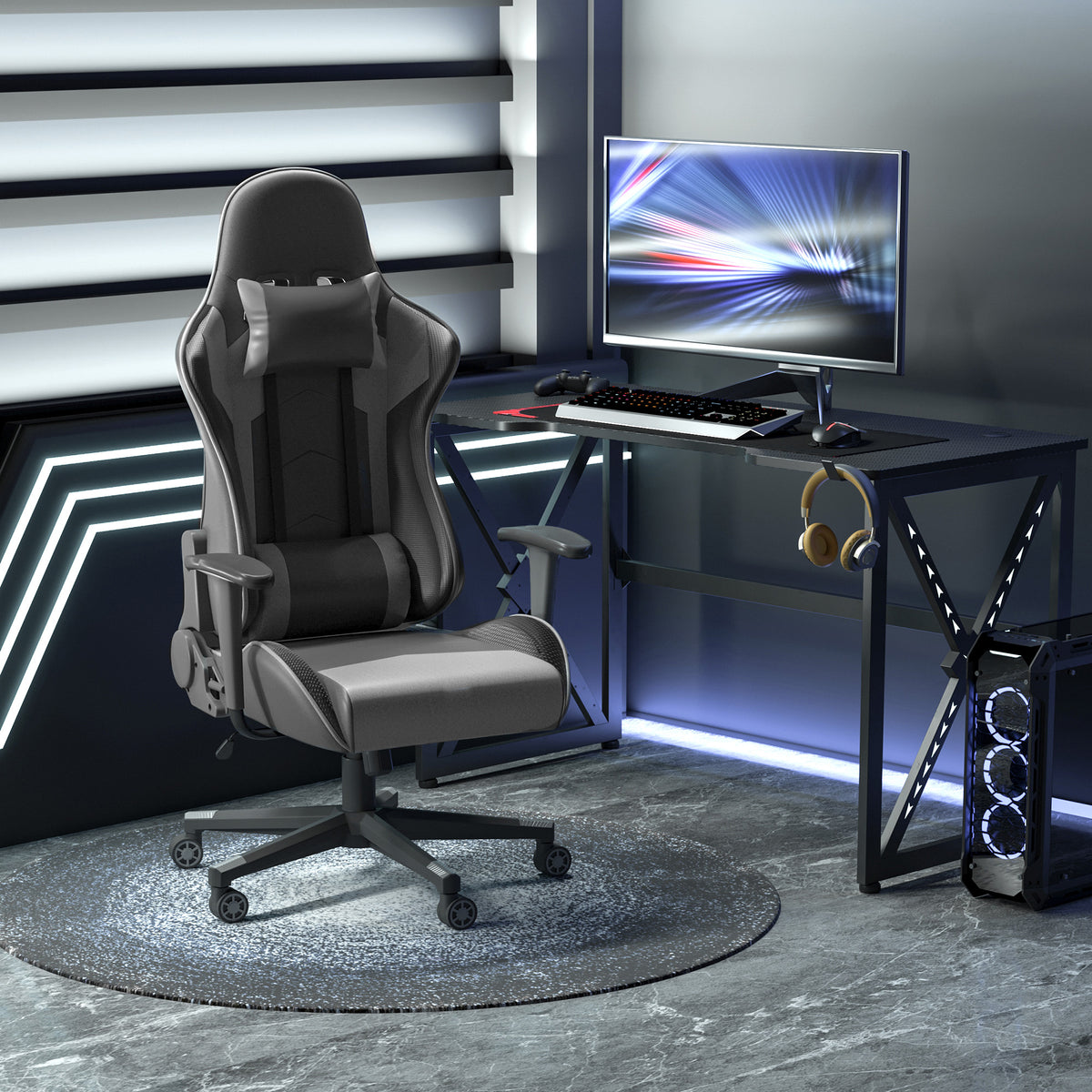 Ergonomic office chair, gaming chair, swivel chair, faux leather, foam, black, 67.5 x 74 x 126-136 cm (2)