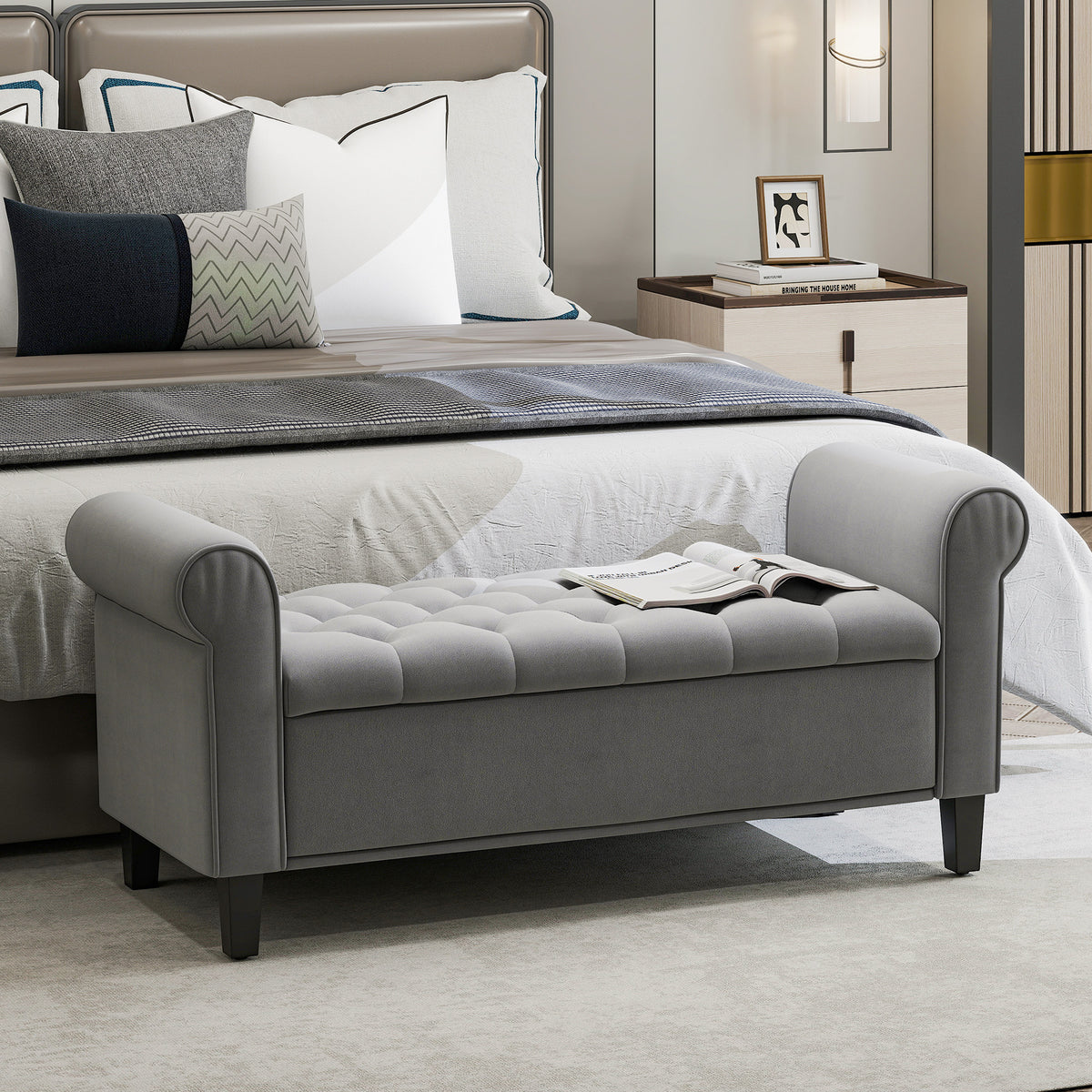 Bench, upholstered bench, bed bench, button tufting, velvet look, 126 cm x 48.5 cm x 57 cm, grey (2)