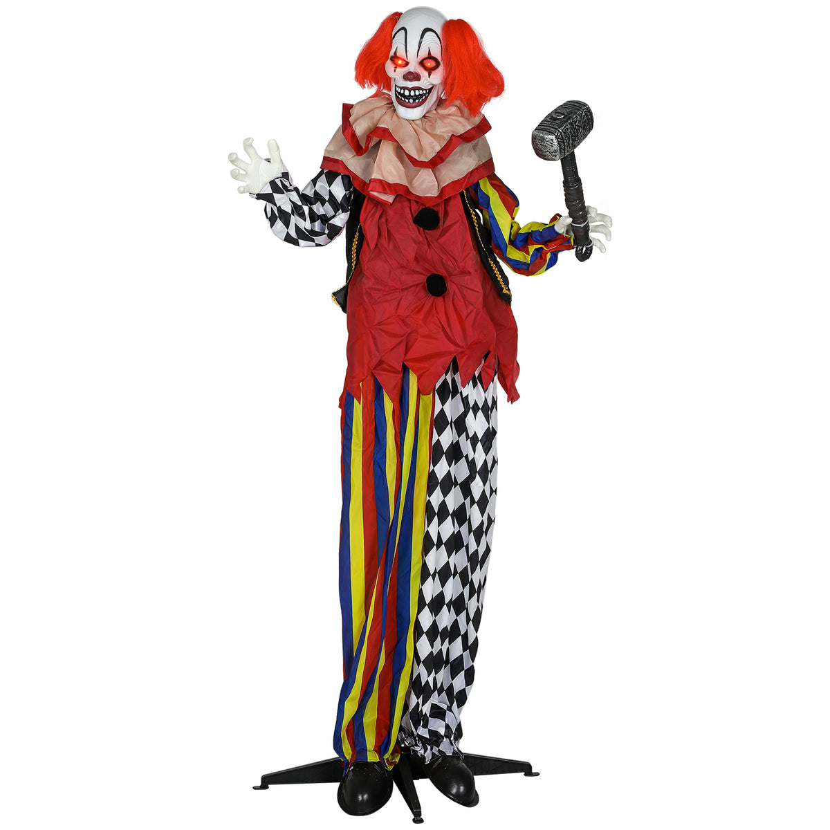 Creepy clown, Halloween animatronic, 173 cm, glowing eyes, sound-activated, moving arms and head