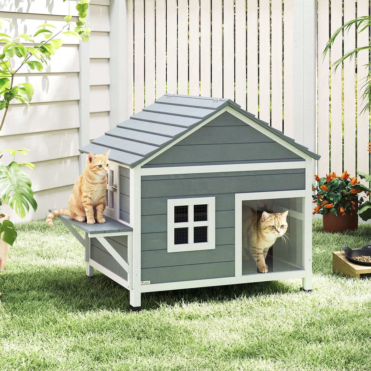 Wooden 2-story cat house, cat cave with waterproof hinged roof, side platform, 101x72.5x81cm, gray (2)