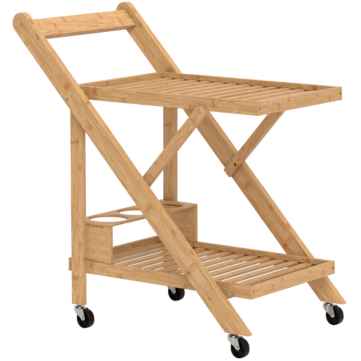 Kitchen trolley on wheels, serving cart with 3 wine racks, 2 trays, for kitchen, dining room, bamboo wood, light