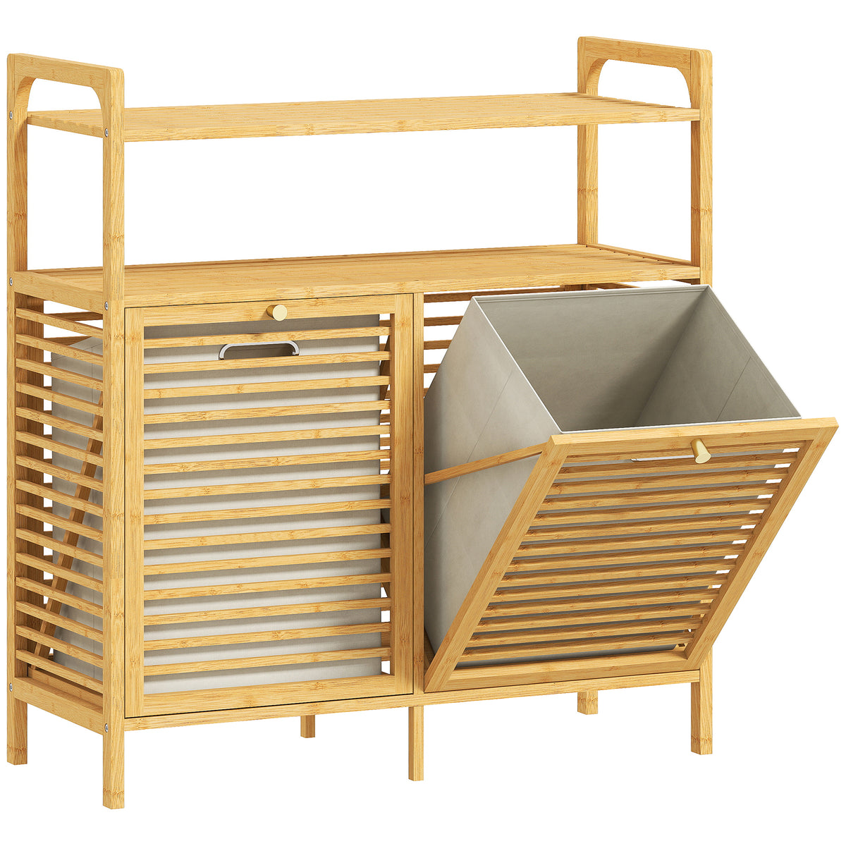 Laundry shelf with 2 laundry baskets, freestanding bamboo shelf for bathroom, laundry room, natural wood + cream
