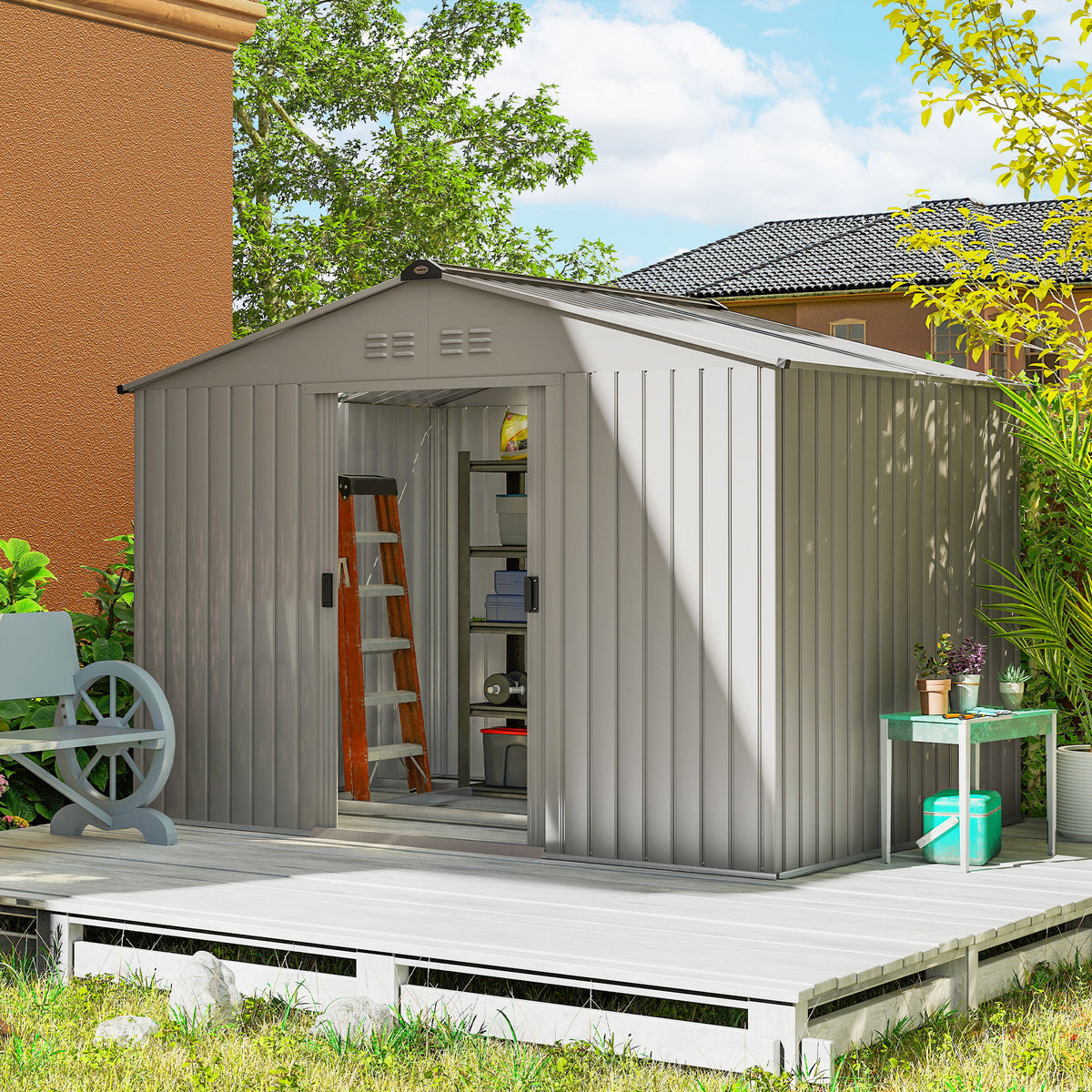Metal tool shed with sliding doors and ventilation windows, 277 x 195 x 192 cm, gray (2)