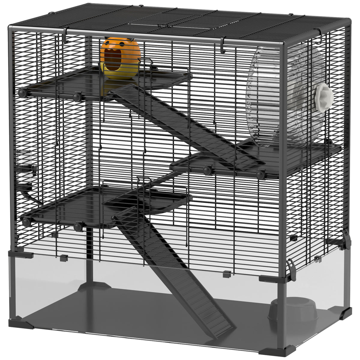 Hamster cage with glass base, 4-tier hamster enclosure with hut and accessories, 78.5L x 48.5W x 80H cm, black