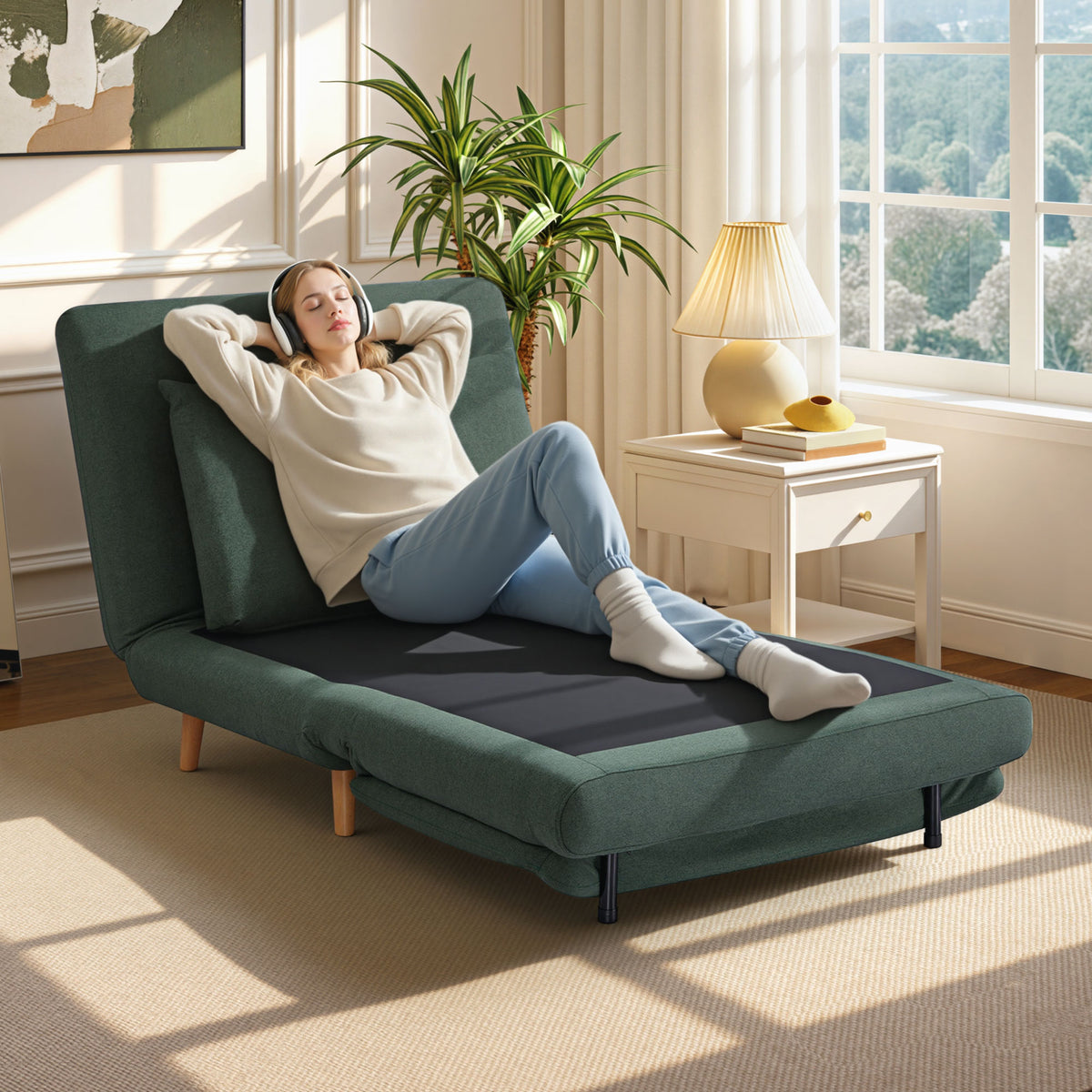 3-in-1 convertible sleeper chair with bed function, reclining chair, adjustable backrest, beech wood legs (2)