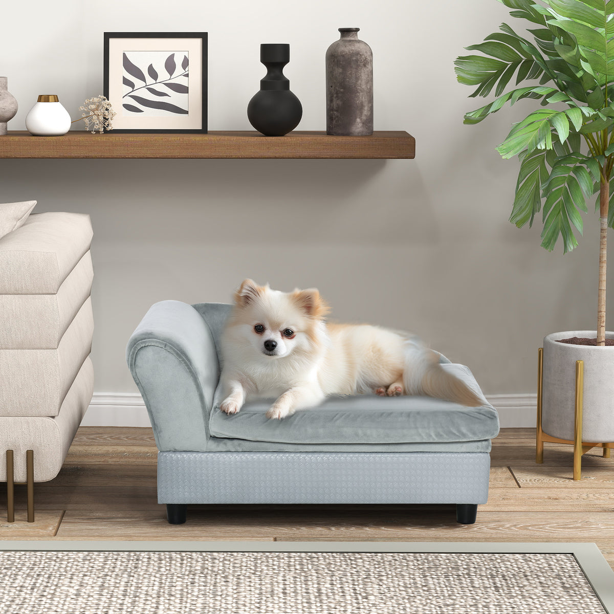 Pet sofa with storage space, soft cushion, up to 15 kg load capacity, plush cover, hardwood frame, light gray (2)