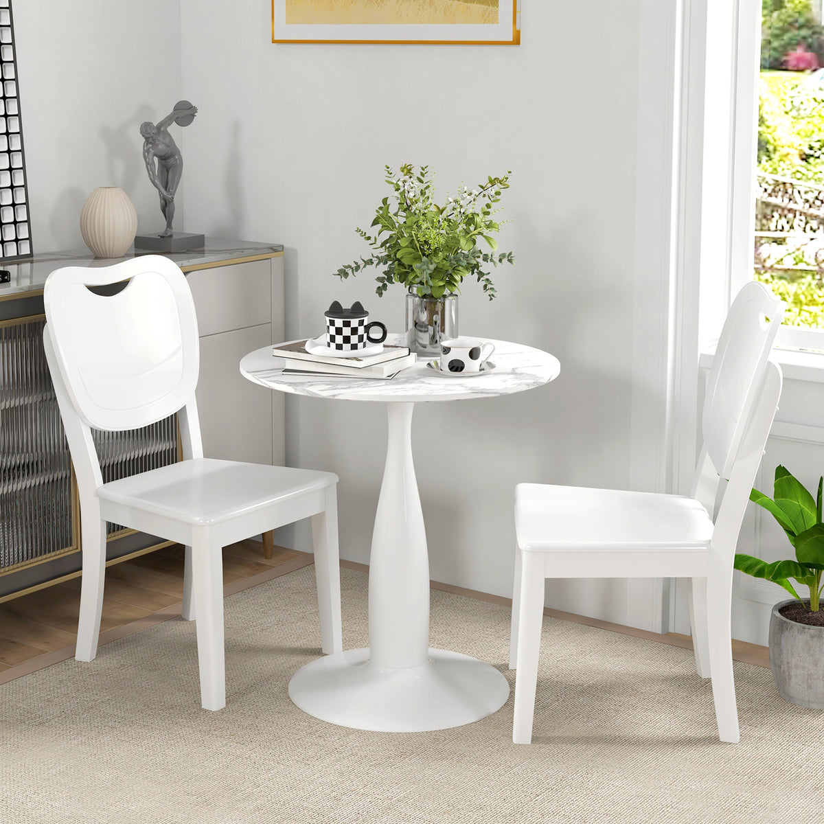 Round dining table, powder-coated steel, MDF with melamine, non-slip feet, 70 x 74 cm, white (2)