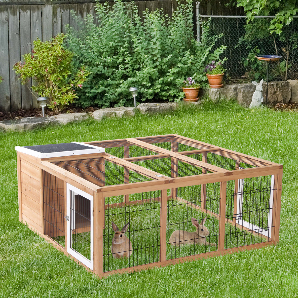 Small animal hutch with outdoor run, hinged roof, weather-resistant, 123 cm x 120 cm x 52 cm, brown (2)