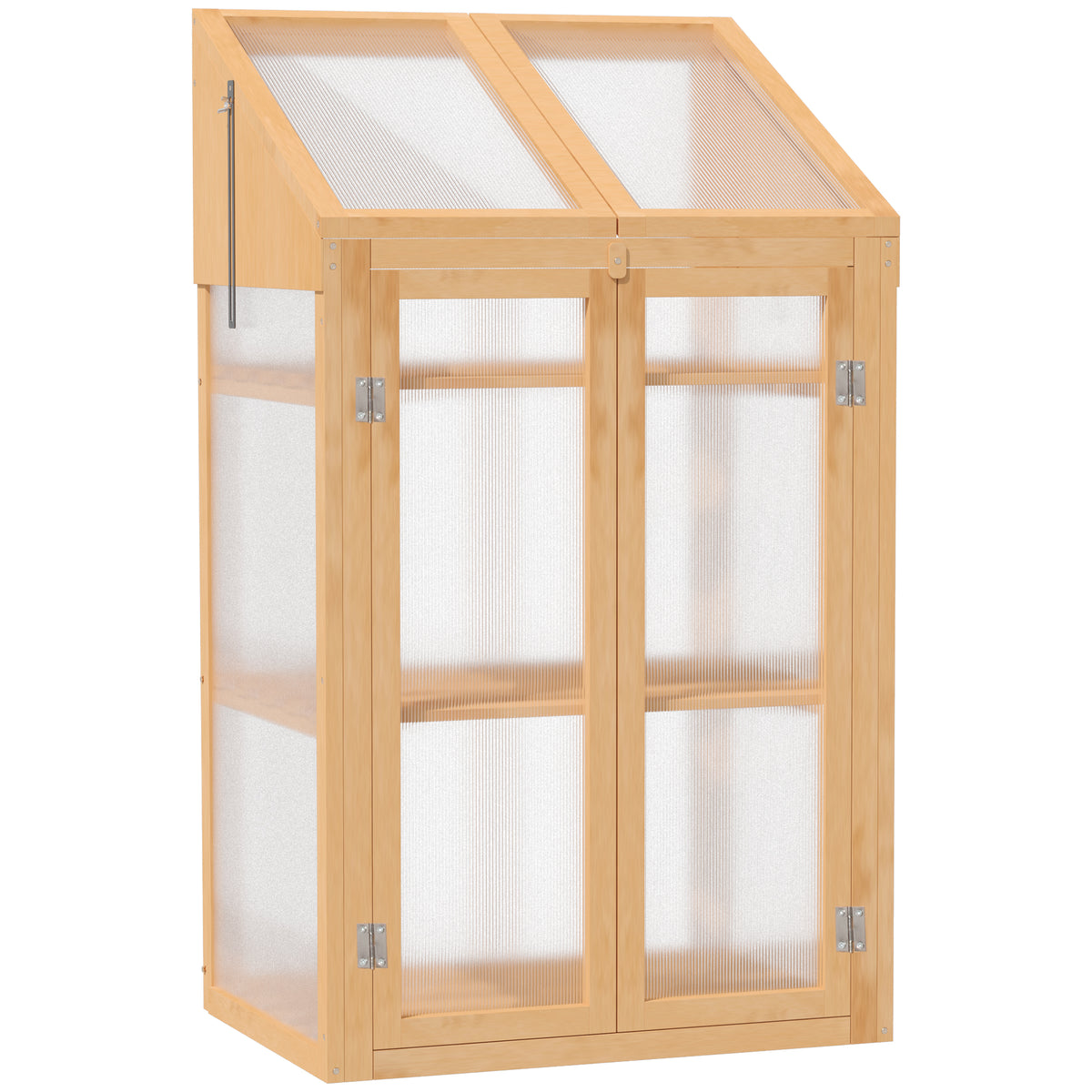 Mini greenhouse, small glasshouse with wooden frame, windows and double door, 3 shelves, 70L x 50W x 120H cm