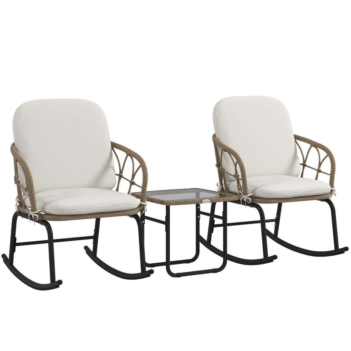 Rocking chair set, bistro set, boho style, PE rattan, weather-resistant, cream