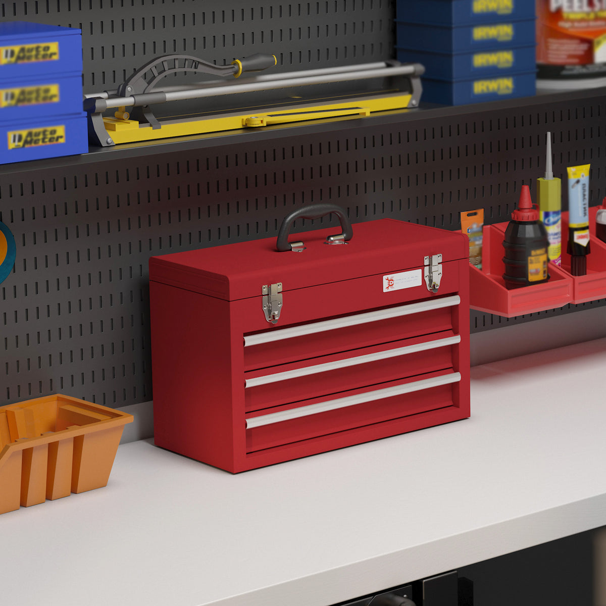 Toolbox with 3 drawers, top storage compartment, steel latches, carrying handle, 51x22x32 cm, red (2)