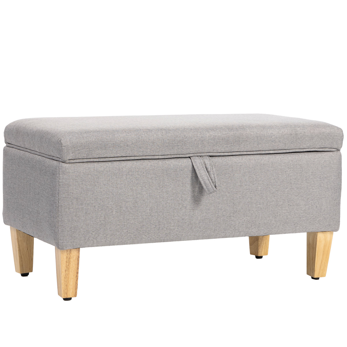 Linen-look storage bench, upholstered footstool with rubberwood legs, storage chest, light gray
