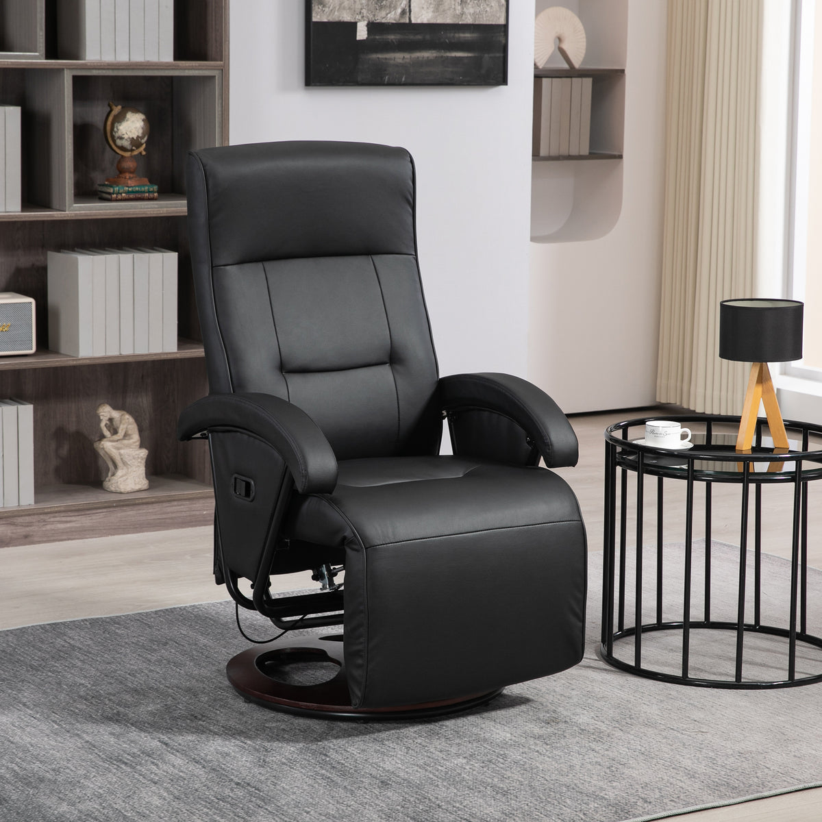 Swivel upholstered chair, faux leather, footrest, wooden base, tiltable, black (2)