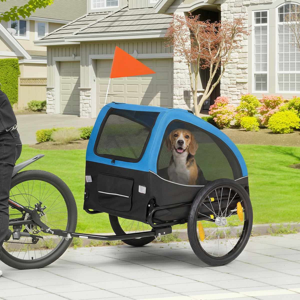 Foldable dog trailer with reflectors, mesh windows, wheels, door, and safety flag for dogs up to 20 kg (2)