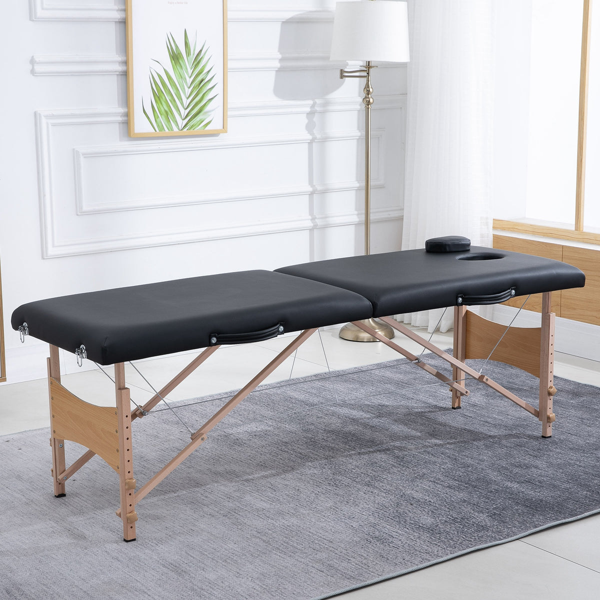 Portable Massage Table 2-Zone Foldable Height-Adjustable Massage Bed 60 cm Wide with Carrying Case Wooden Legs (10)