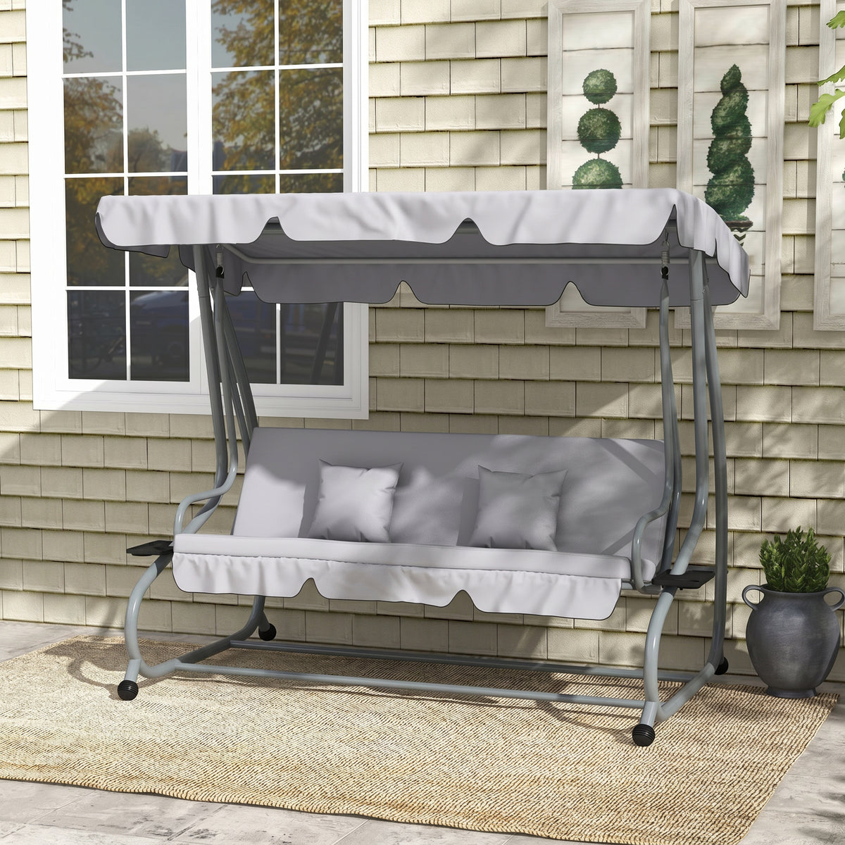 2-in-1 porch swing with bed function, adjustable canopy, up to 340 kg, steel, 200x120x164 cm, gray (2)