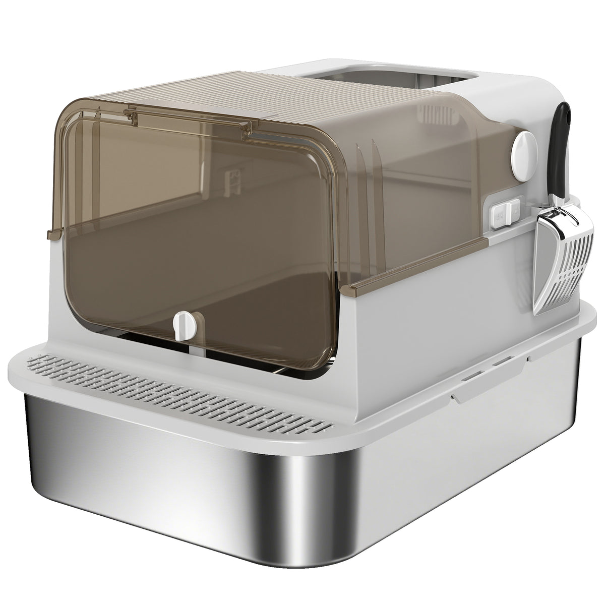 XXL stainless steel litter box with hinged lid, cat litter box with scoop, for large cats up to 15 kg, easy to