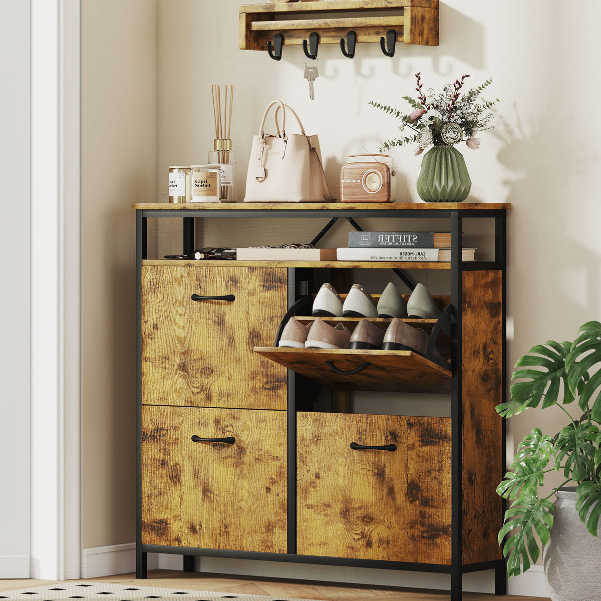 Shoe cabinet with 4 fold-out drawers, slim design, open shelf, for 12-20 pairs of shoes, steel, brown (2)