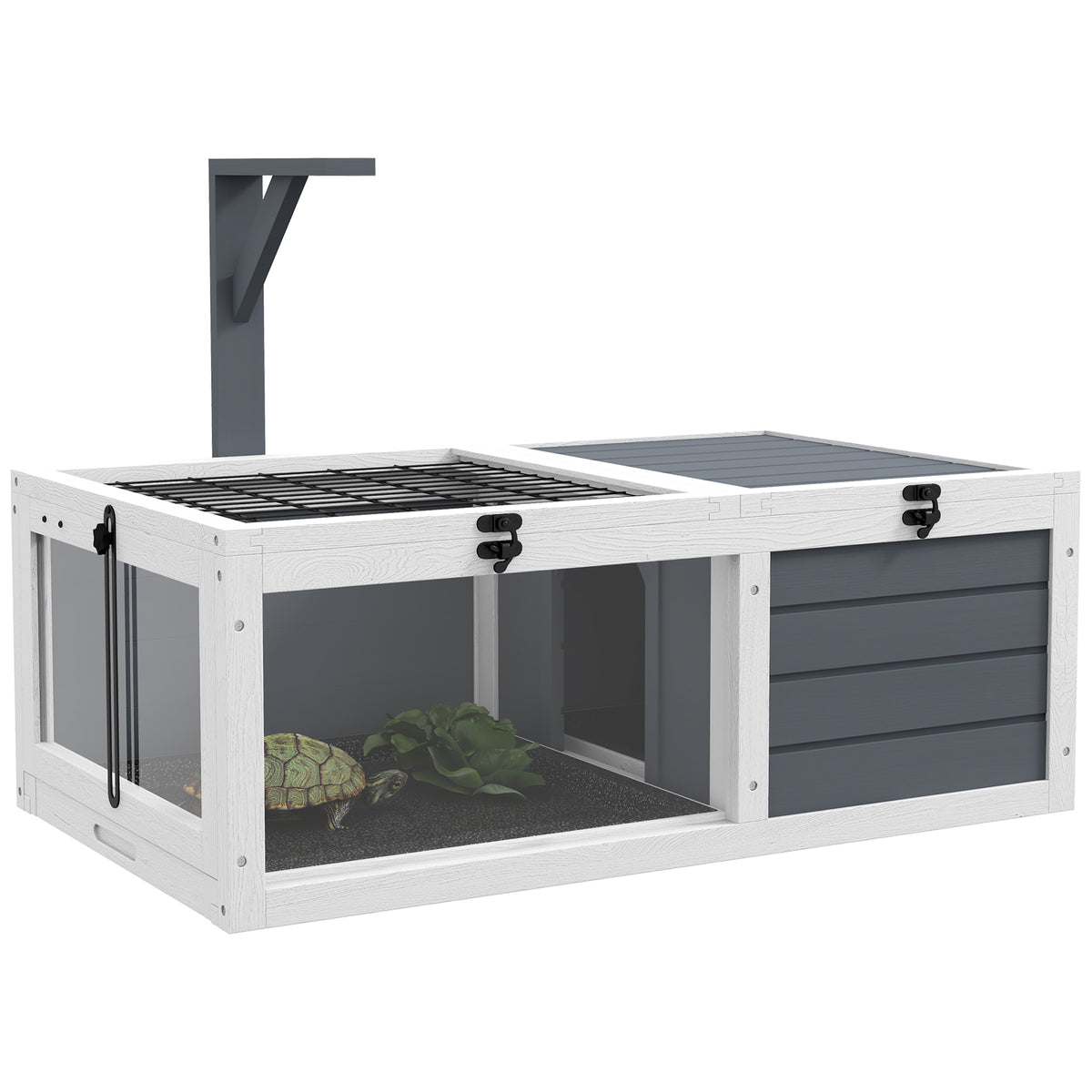 Tortoise house, reptile box with 2 rooms, lid, plastic trays, window, wood, grey