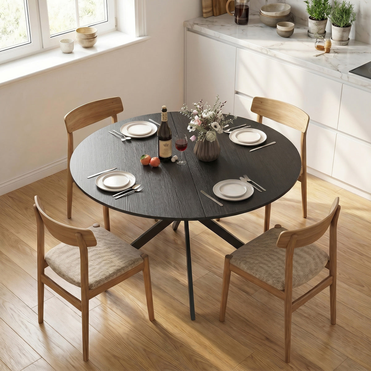 Round dining table for 4 people, industrial-style kitchen table with steel legs, for dining room, kitchen, black (2)