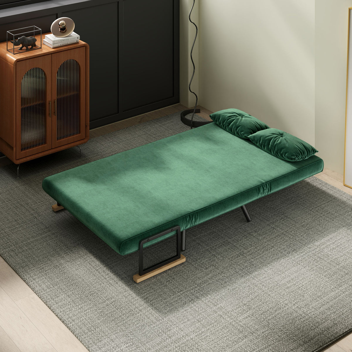 Sofa bed, 2-seater sofa, velvet sofa, sleeping function, incl. 2 cushions, velvet look, nature + green (7)