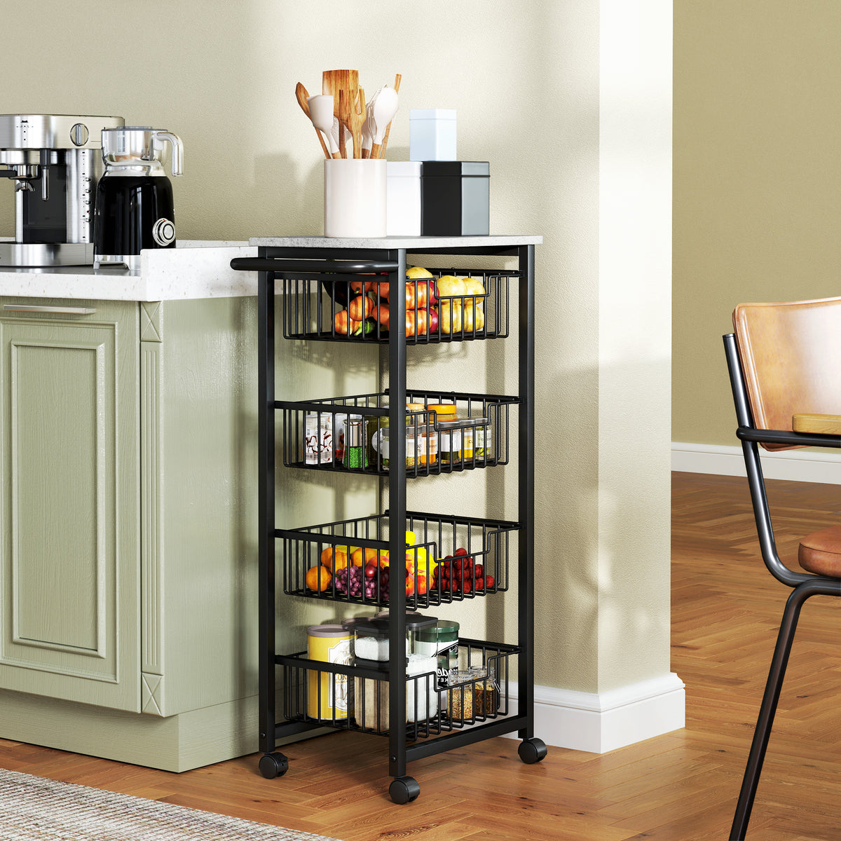 4-tier kitchen trolley on wheels, rolling serving cart, kitchen trolley with 4 steel baskets, serving cart (2)