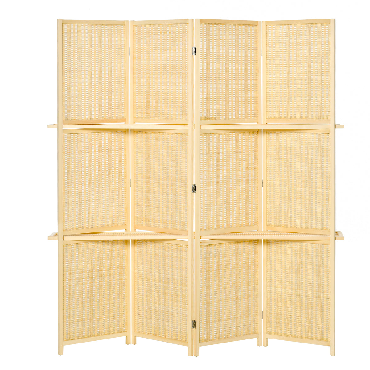 Room divider, bamboo partition, 2 shelves, foldable, foot pads, natural