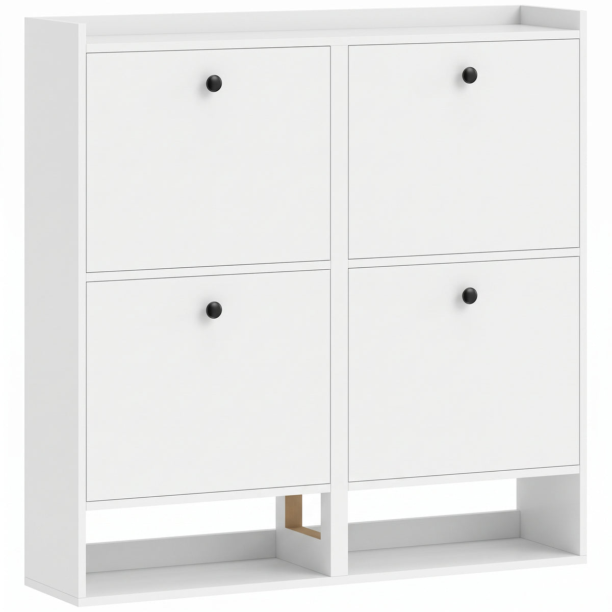 Shoe cabinet with 4 tilt-out compartments, adjustable dividers, open shelf, and top storage surface, white