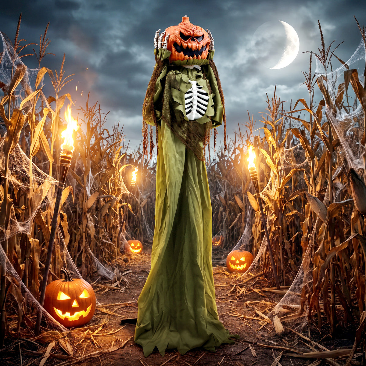 Animated pop-up pumpkin skeleton, 173 cm, spooky Halloween decoration with light, sound, and motion activation (2)