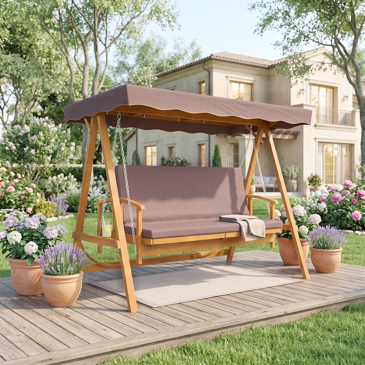Porch swing with canopy, real wood garden swing, swing bench with reclining function, for 3 people, brown (2)
