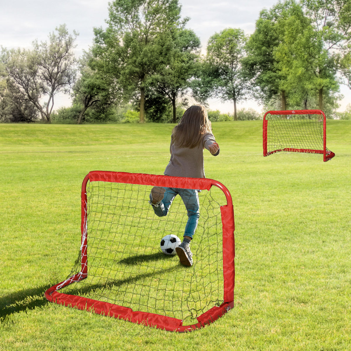 Soccer goal set, 2 foldable mini goals, metal frame, incl. tools, 90 x 36 x 60 cm, red (2)