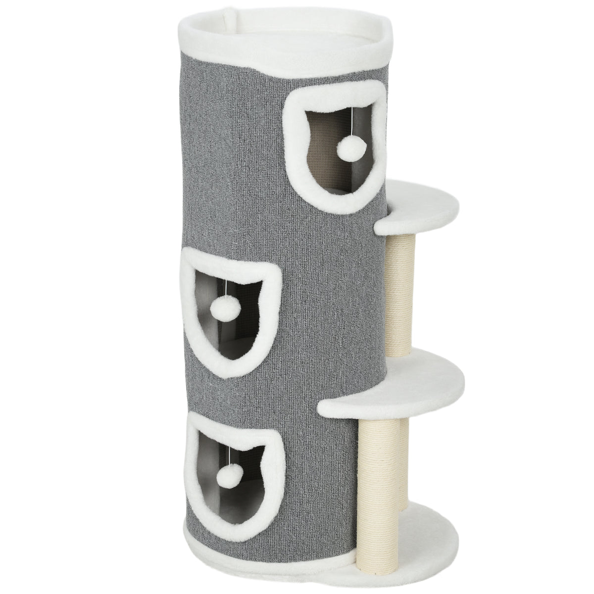 101 cm cat tower, 3 levels, 3 sleeping caves, play balls, scratching posts, sisal, particle board, gray