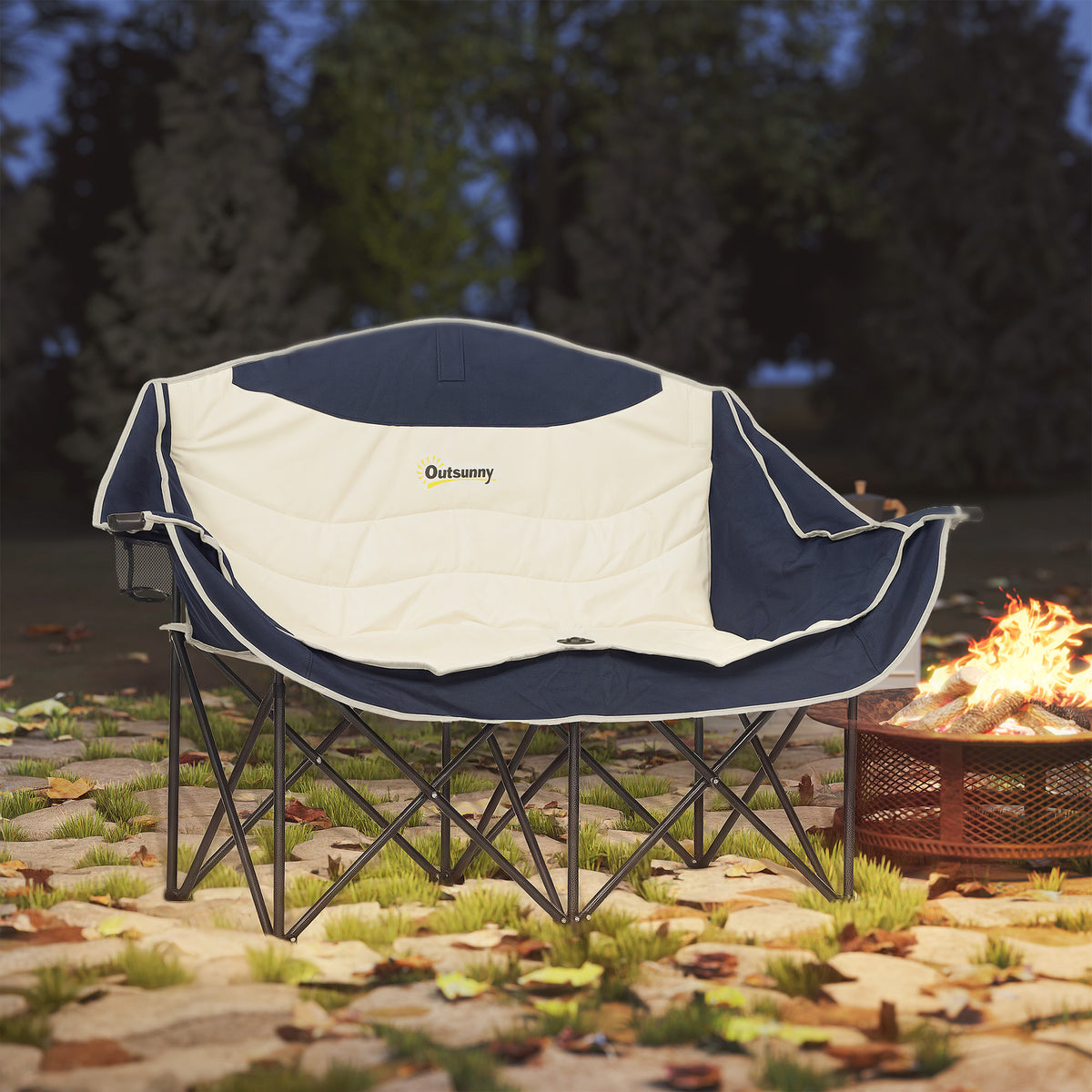 Folding chair, foldable 2-seater camping chair with cup holder and carrying bag, load capacity up to 250kg, blue (2)
