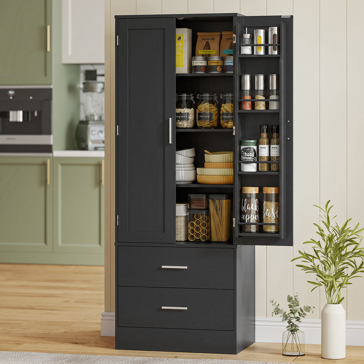 Pantry cabinet 8 door shelves adjustable shelves kitchen cupboard 159 cm black (2)