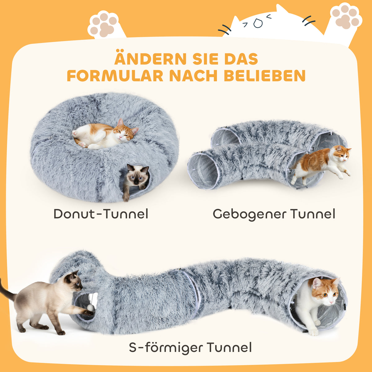 Cat tunnel, plush fabric, cushion, foldable, metal frame, cat cave, light gray (4)