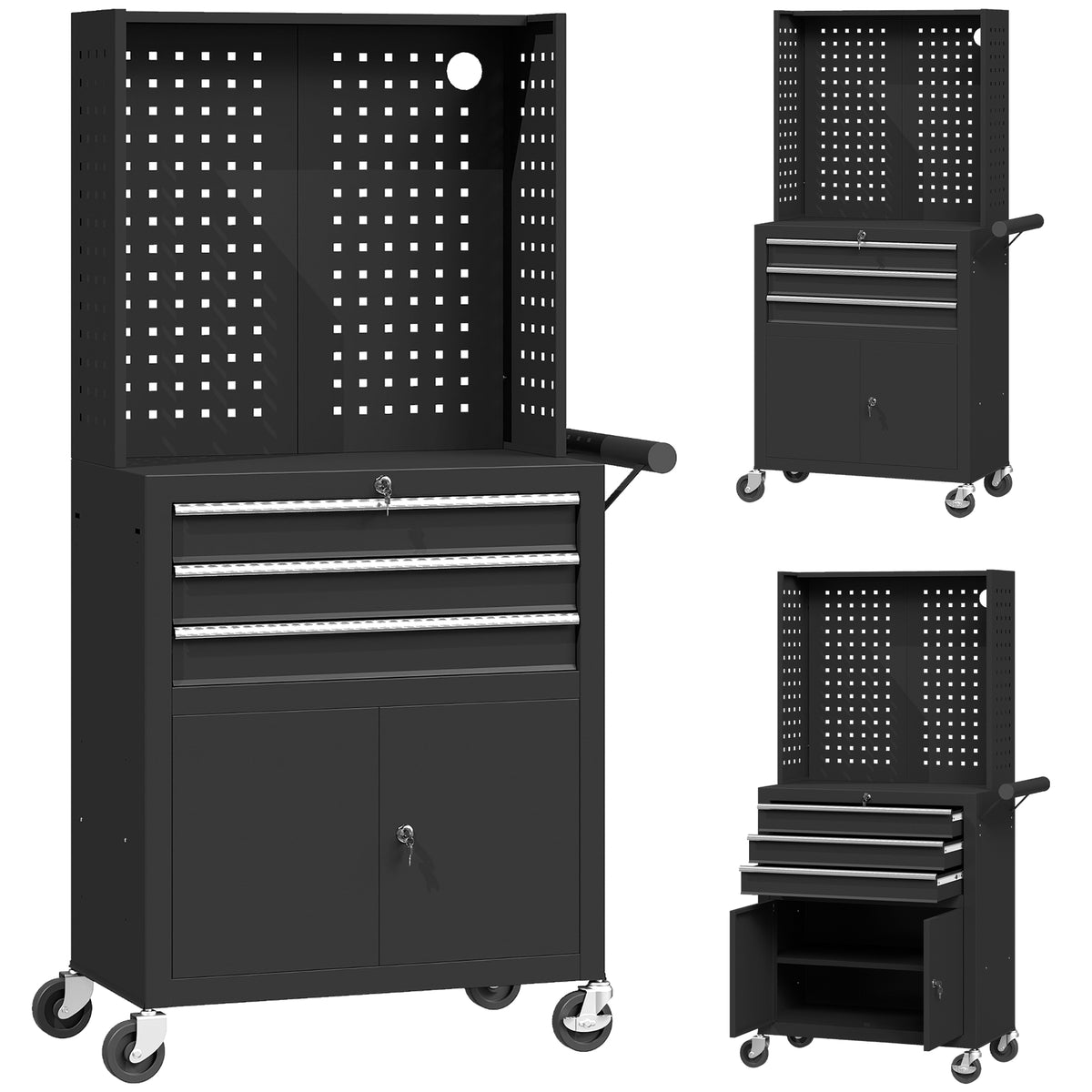 Tool cabinet tool chest on wheels with pegboard, 3 drawers for garage and workshop, black