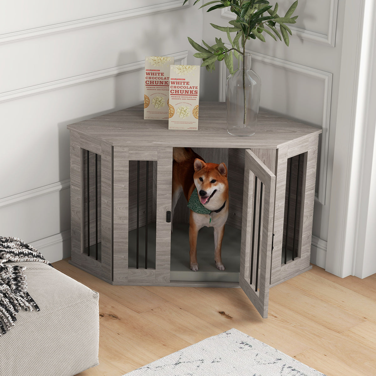 Dog crate, dog cage, corner design, incl. lock, 1 sleeping cushion, 104 x 55 x 63 cm, brown (2)