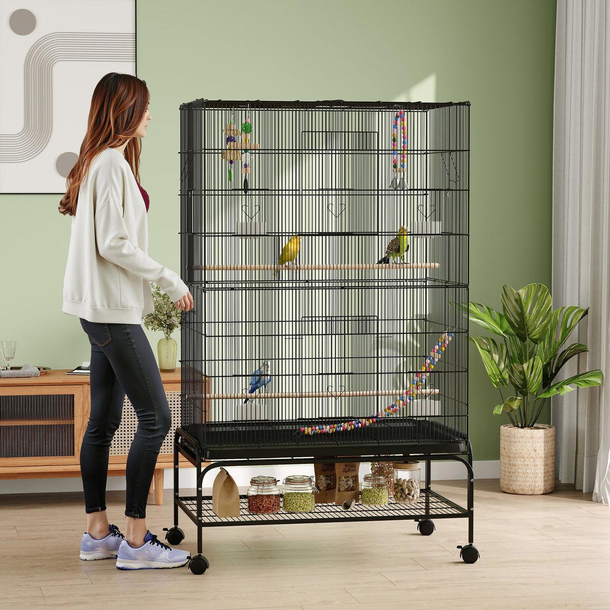 Bird cage including perches, bird toys, removable tray, black (2)