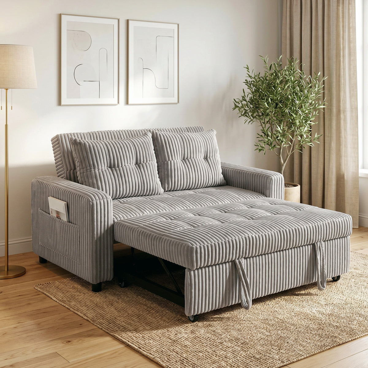 2-seater sofa bed, corduroy upholstery, convertible into a sleeper sofa, 2 cushions, side pockets, 157 x 190 cm (2)